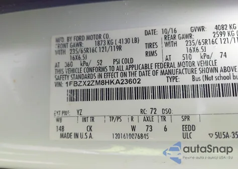 2017 Ford Transit-350 Xlt from USA, damaged, VIN 1FBZX2ZM8HKA23602